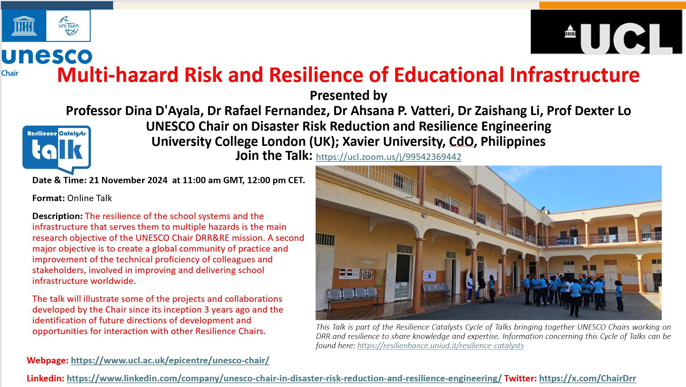 21 nov. Riesgo y resiliencia multiamenaza en la infraestructura educativa